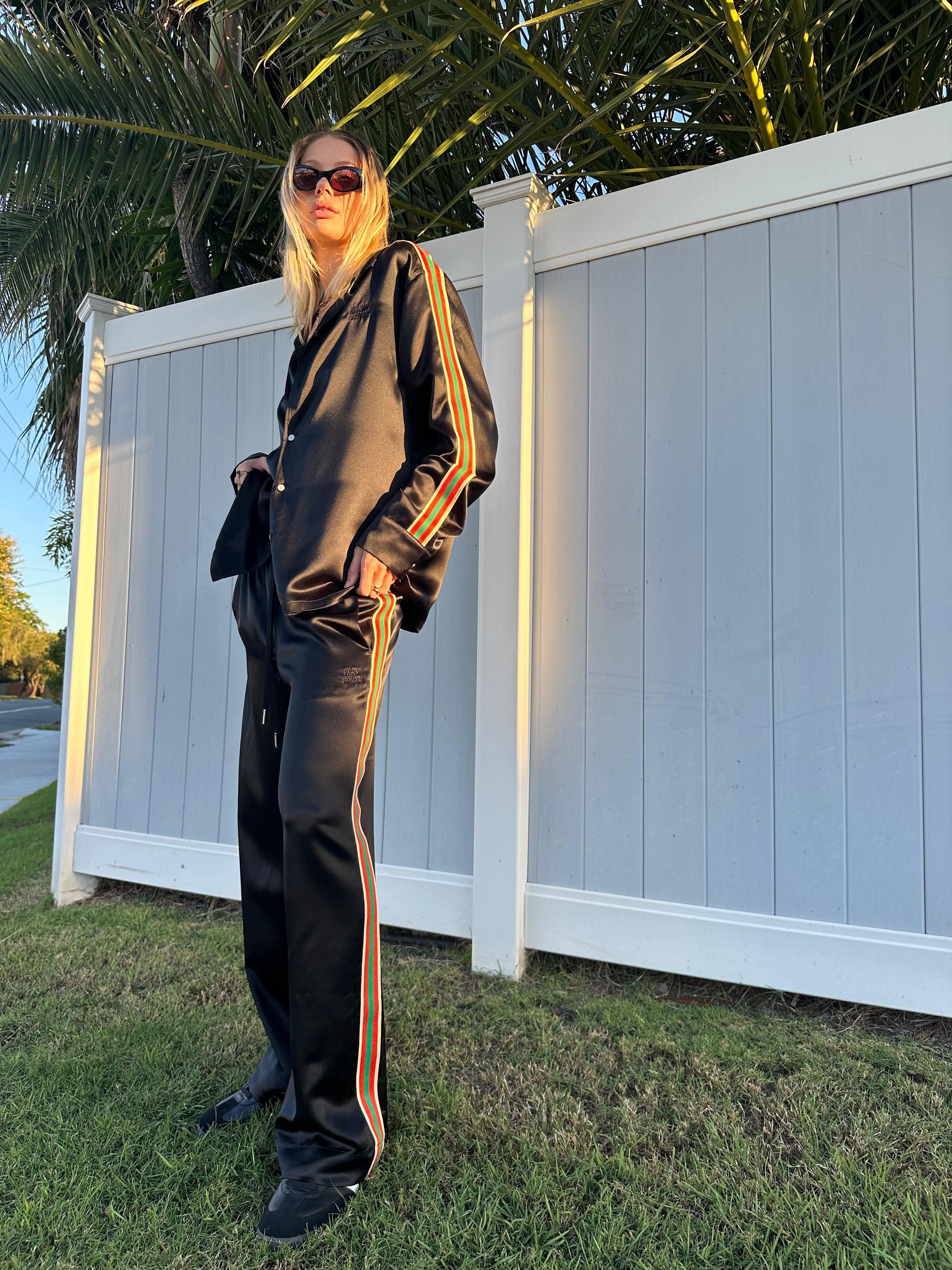 Black "Stripe" Satin Vacay Pants