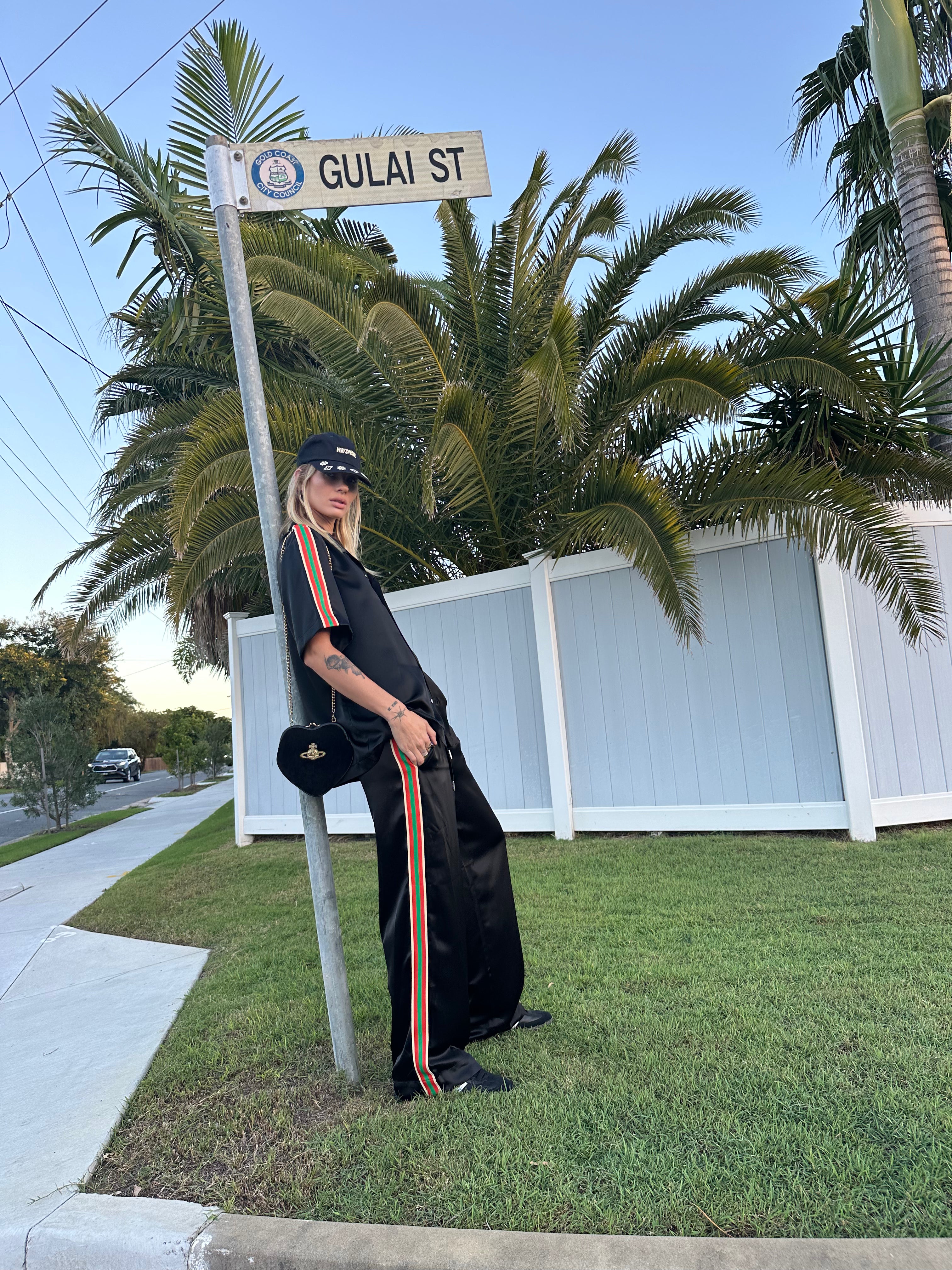 Black "Stripe" Satin Vacay Pants