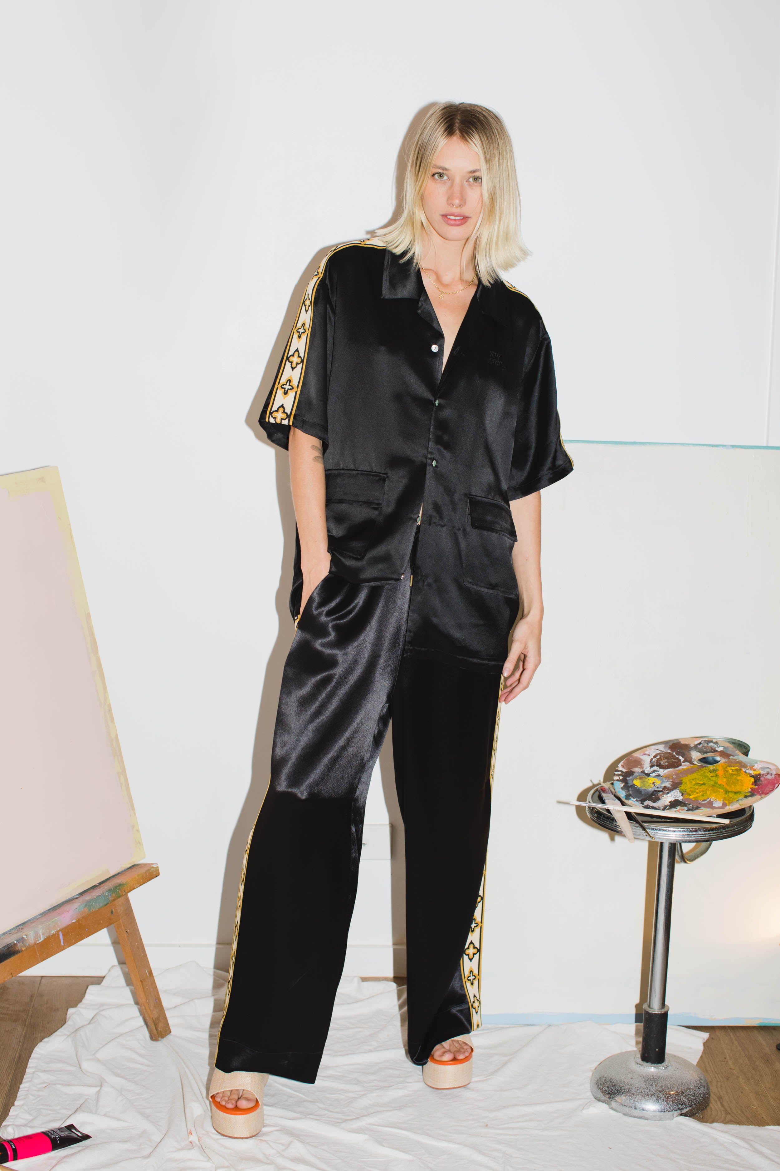 Black Satin Diamond Vacay Pants