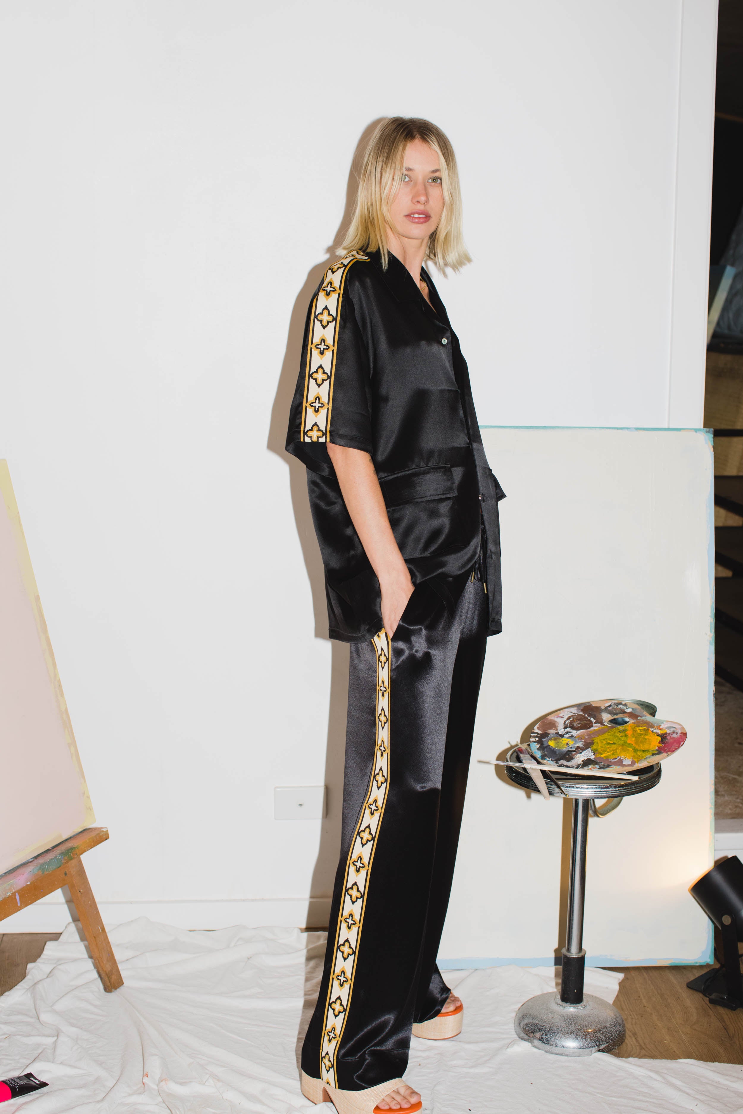 Black Satin Diamond Vacay Pants