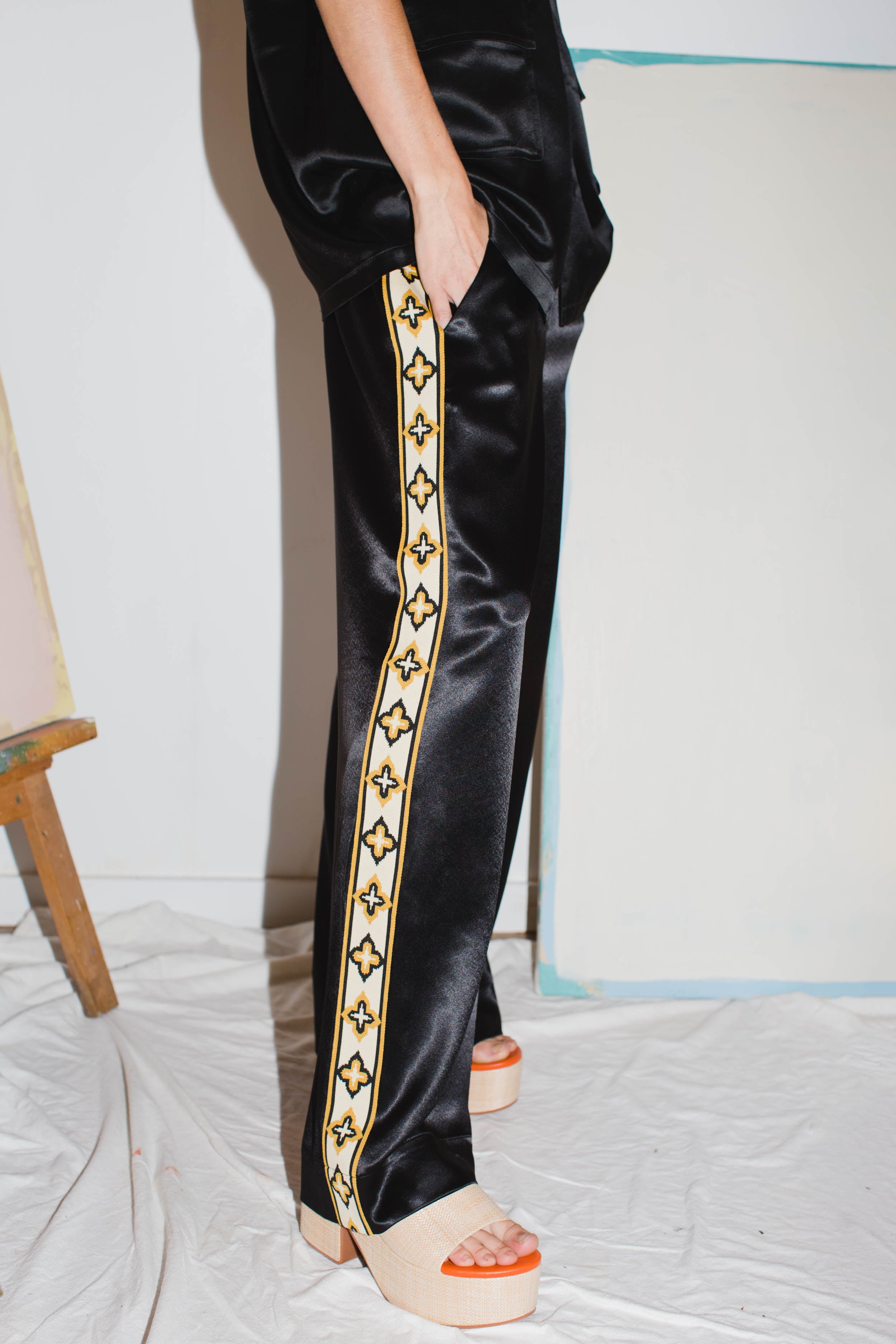 Black Satin Diamond Vacay Pants
