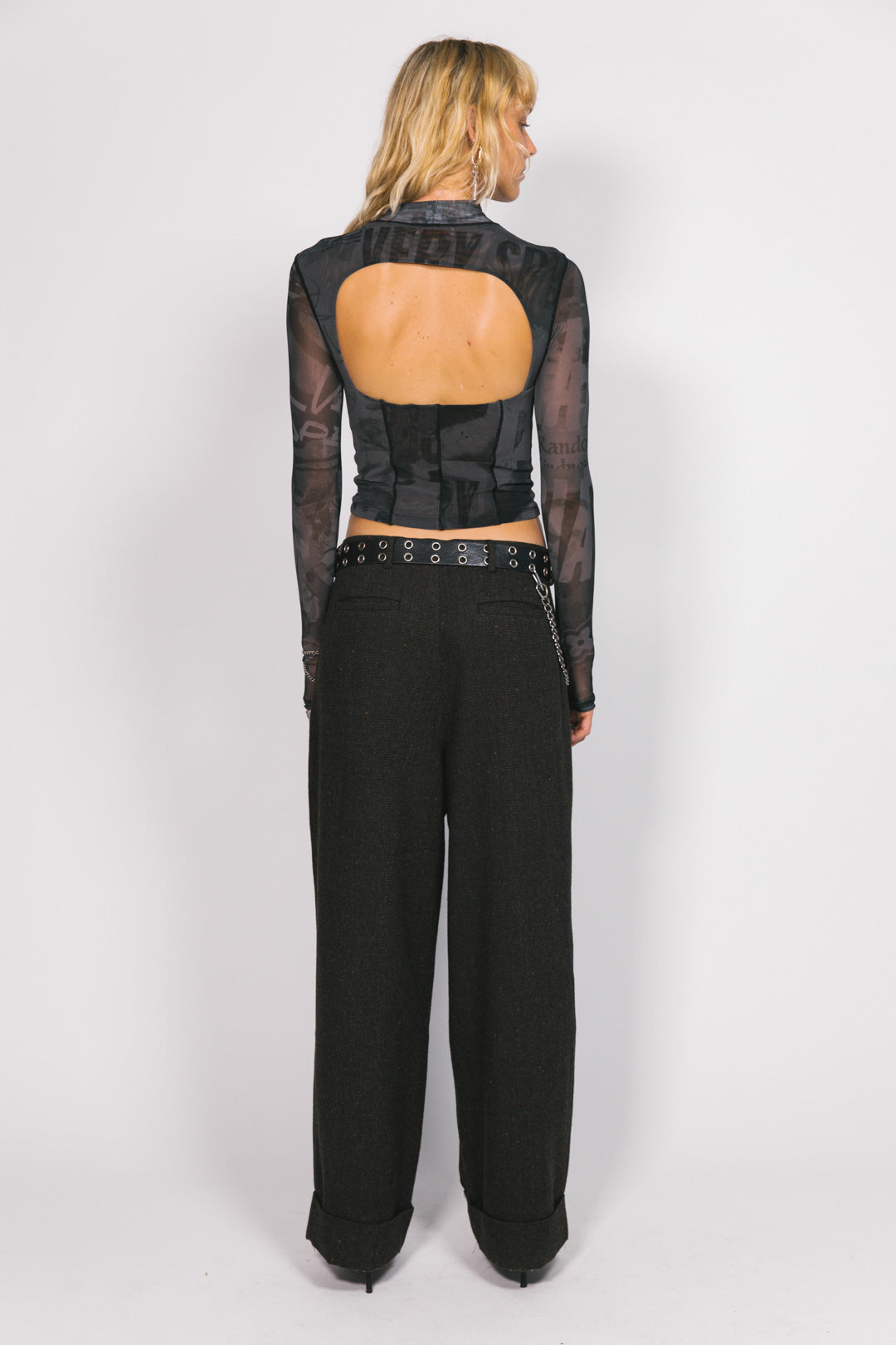 Graffiti Cut-Out Mesh Long Sleeve Top