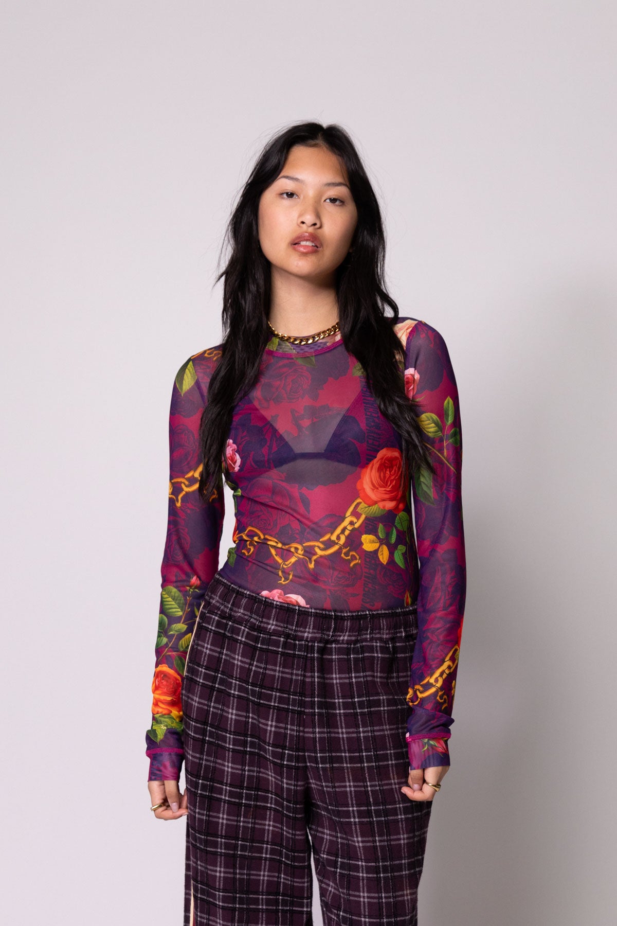 Chains and Roses Long Sleeve Mesh Top