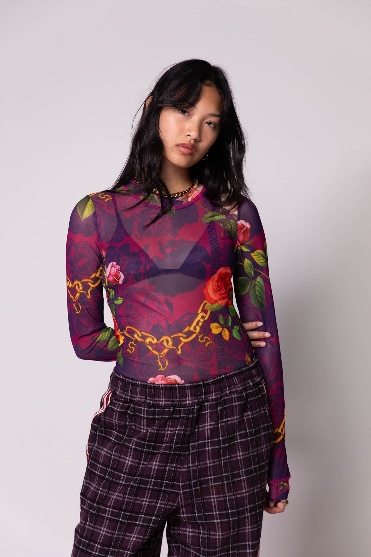 Chains and Roses Long Sleeve Mesh Top