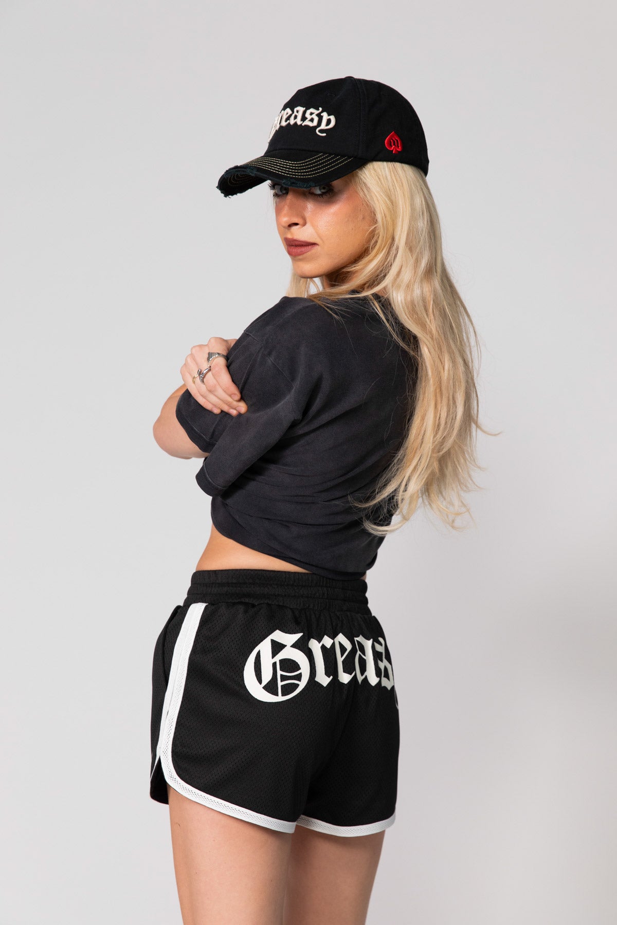 Black Greasy Mesh Scallop Short