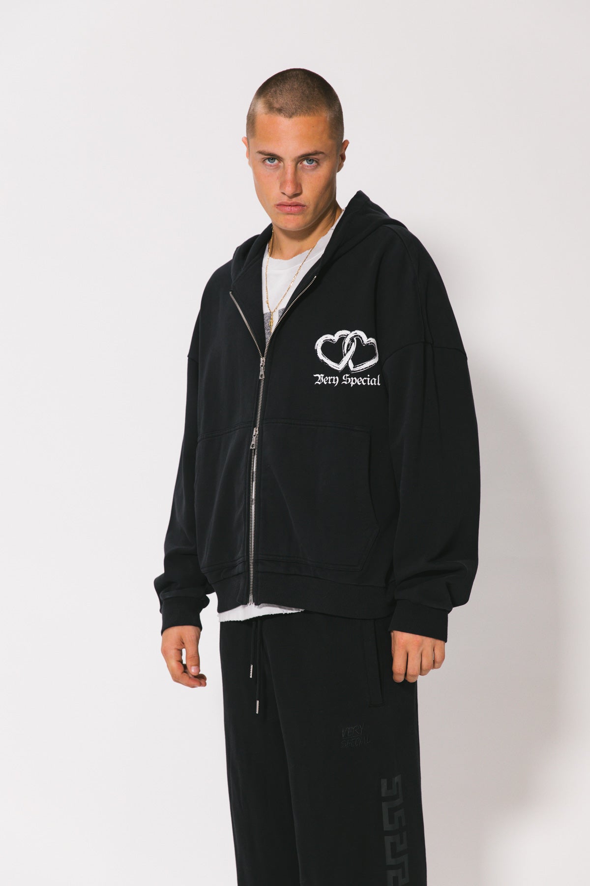 Washed Black Hearts Vintage Zip Hoodie
