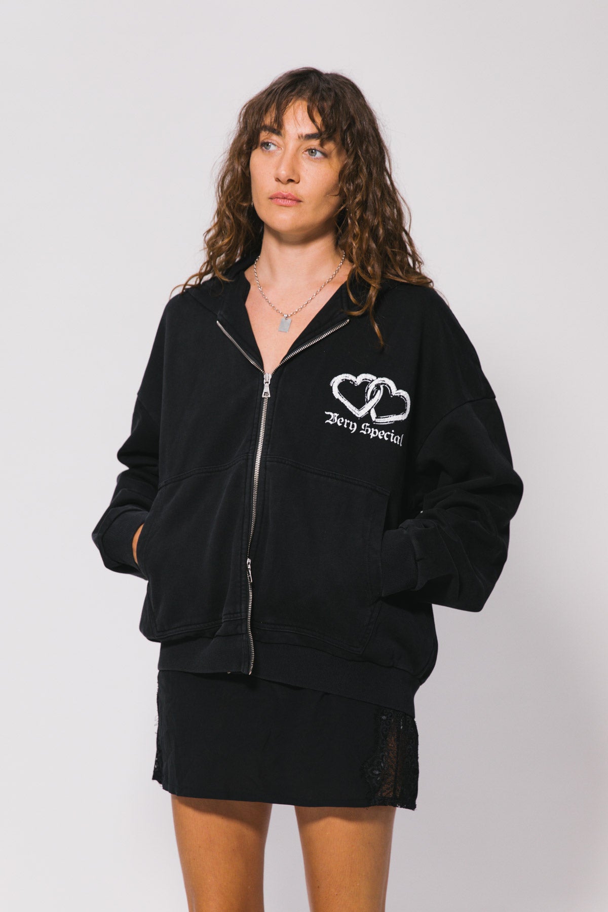 Washed Black Hearts Vintage Zip Hoodie