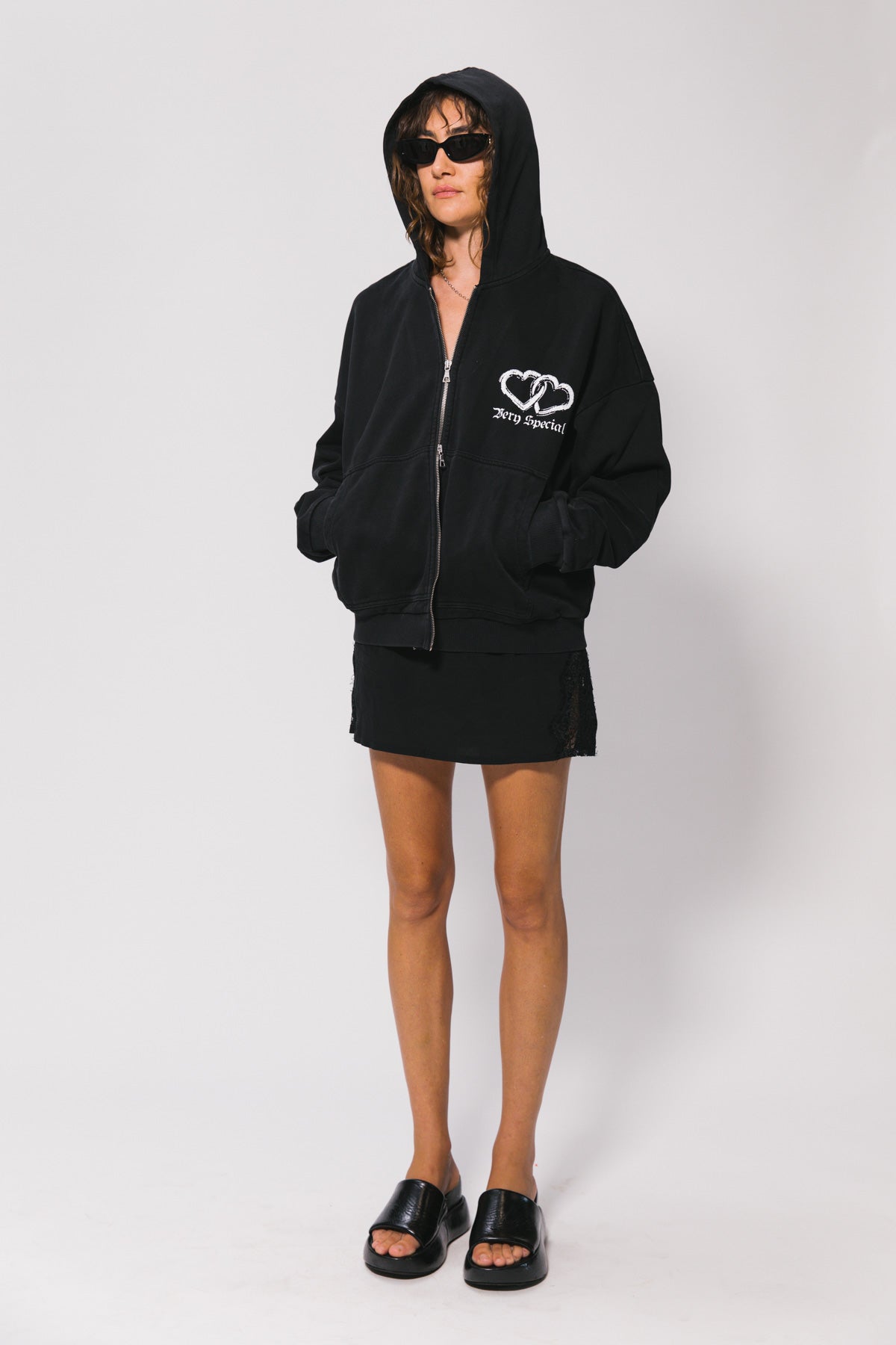 Washed Black Hearts Vintage Zip Hoodie