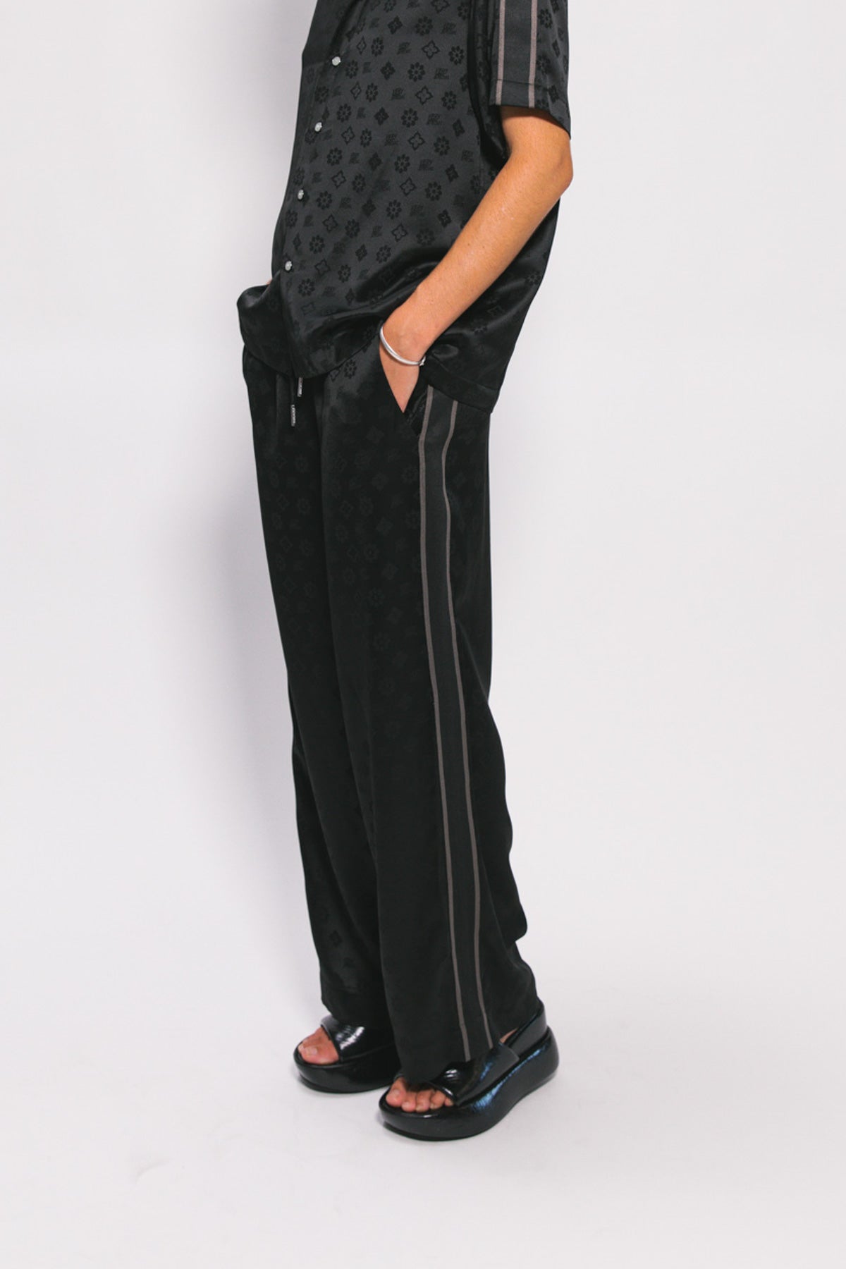 Black "Jacquard" Satin Vacay Pants
