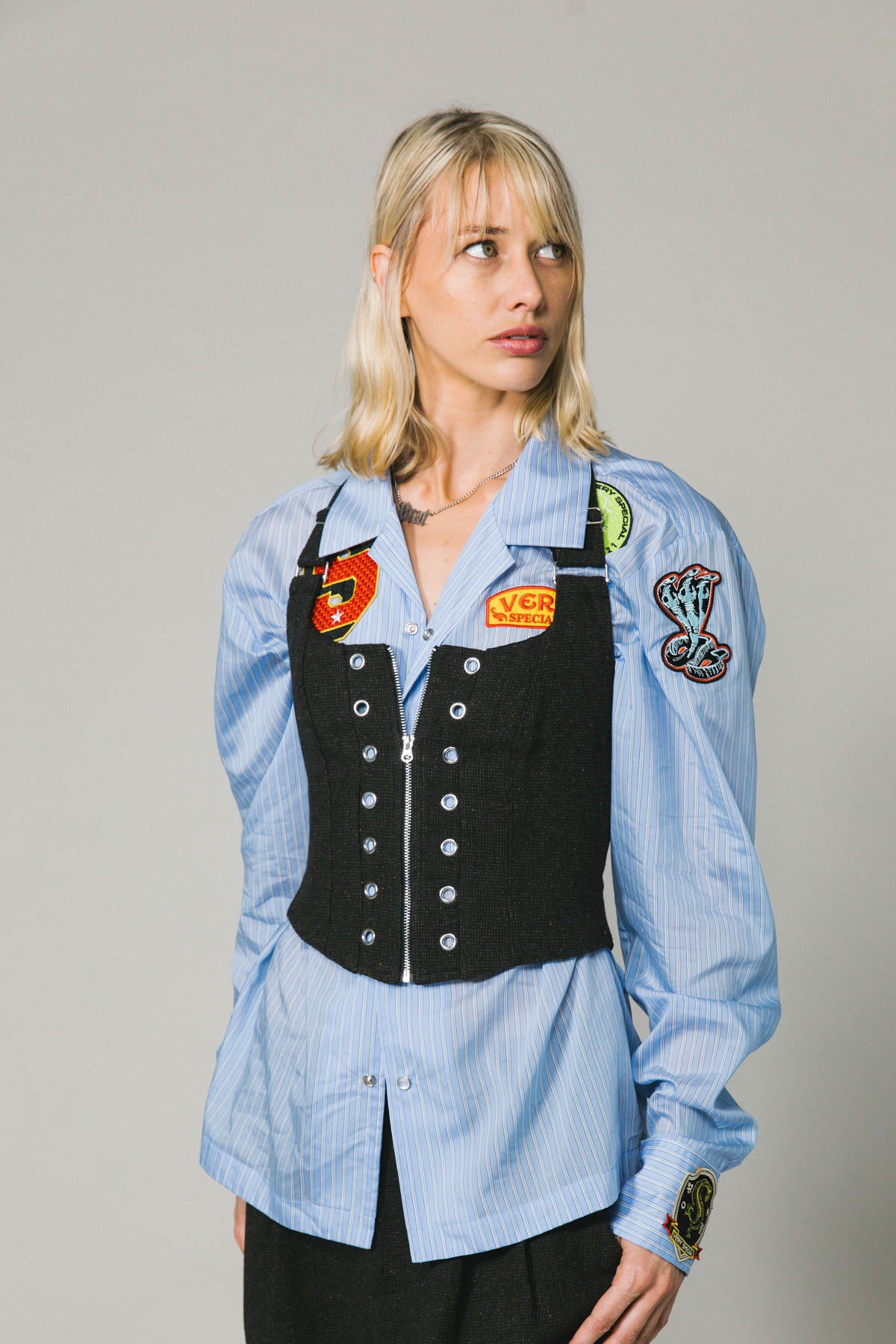Patched Blue Stripe LS Work Shirt