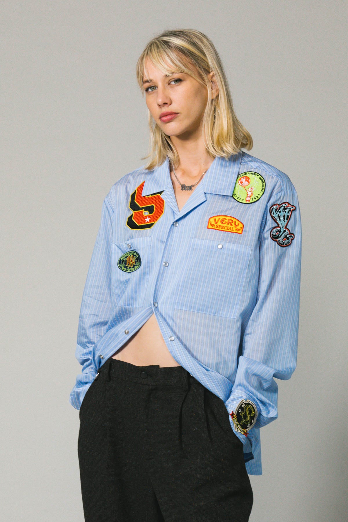 Patched Blue Stripe LS Work Shirt