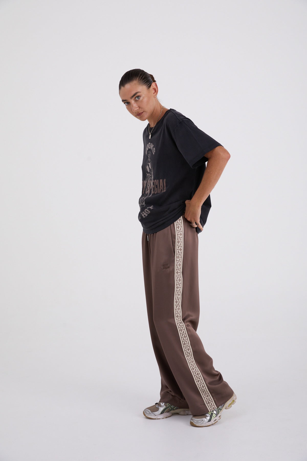 Taupe "Geo" Satin Vacay Pant