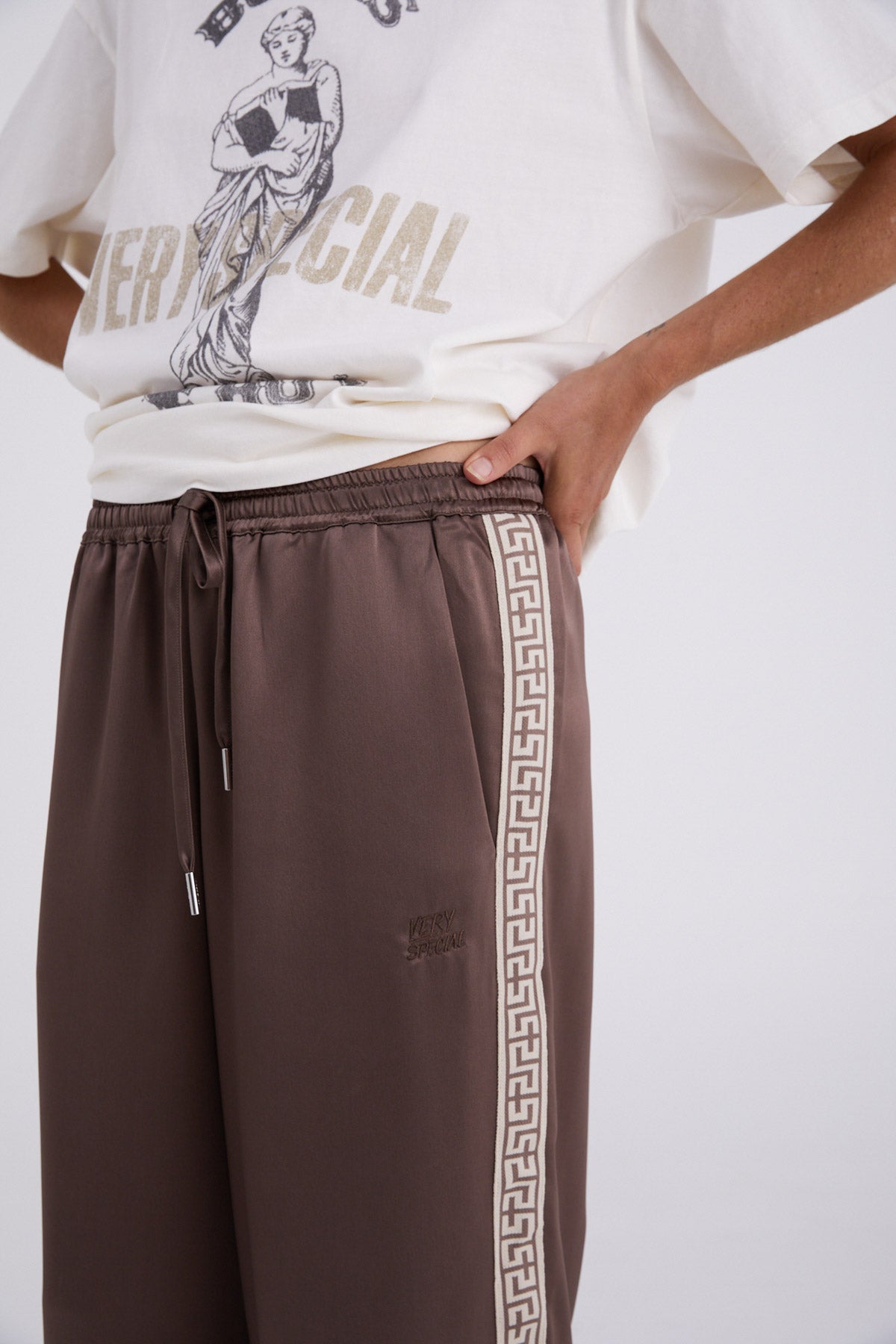 Taupe "Geo" Satin Vacay Pant