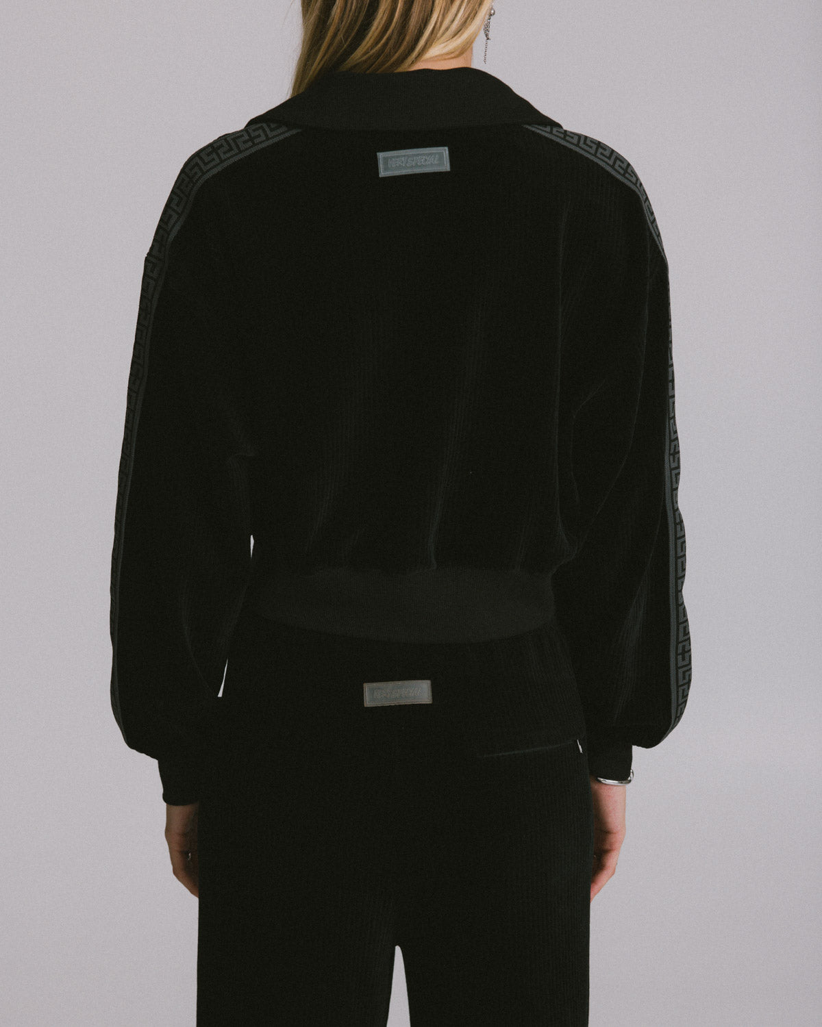 Black Cord Velour "Geo" Crop Track Jacket