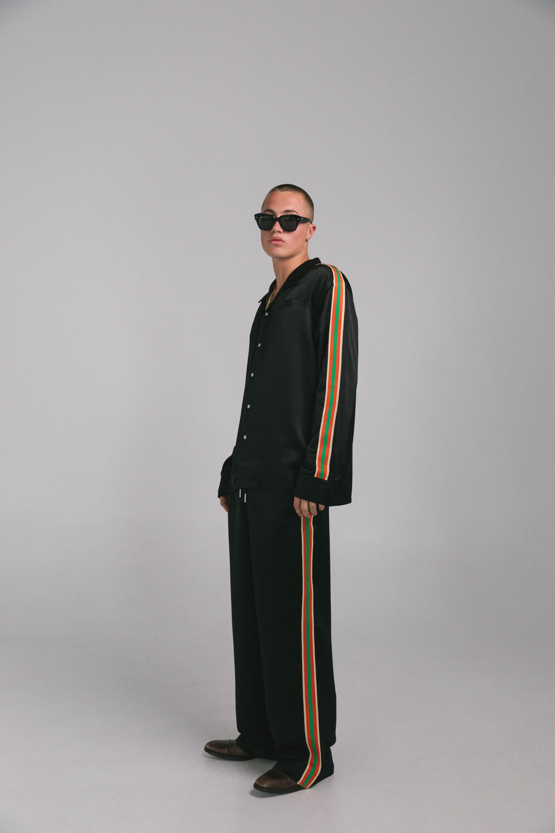 Black "Stripe" Satin Vacay Pants