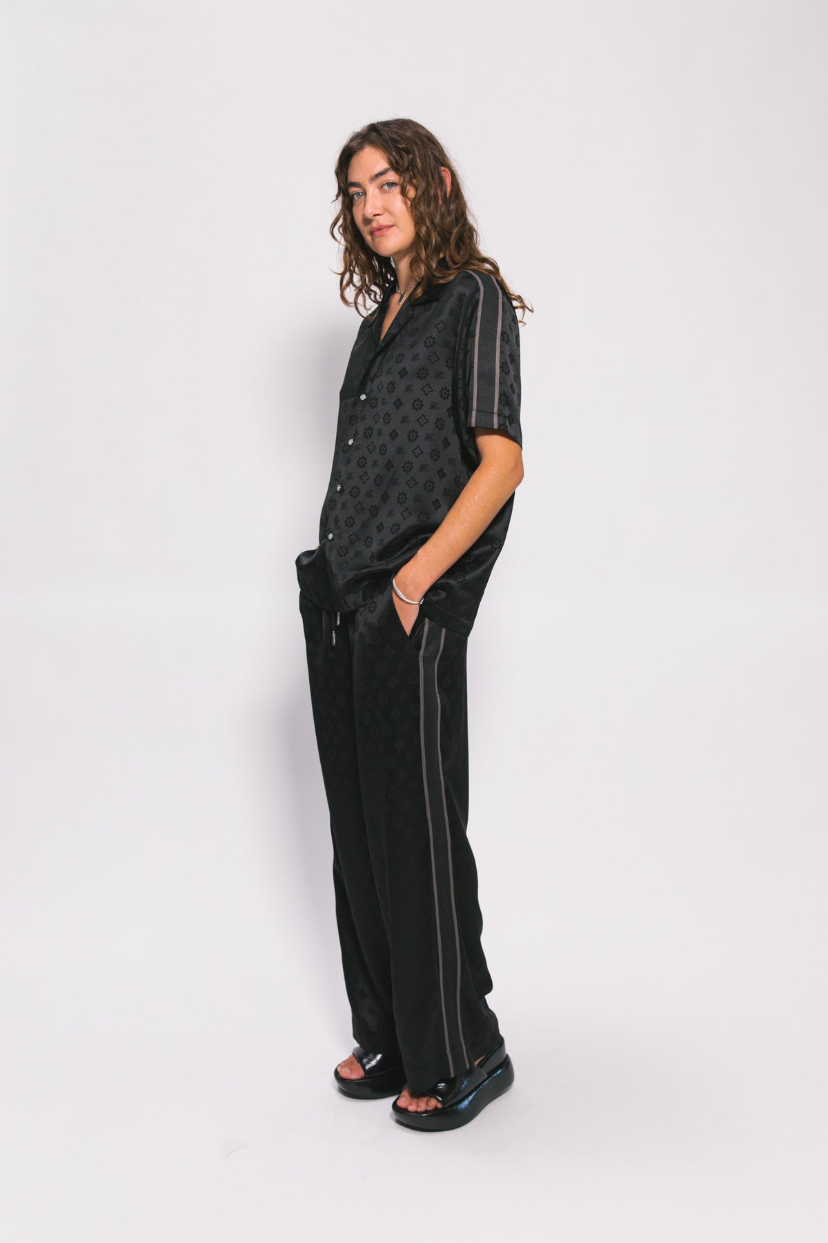 Black "Jacquard" Satin Vacay Pants