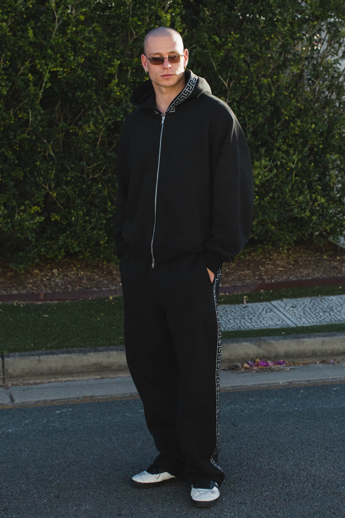 Black "Geo" Fleece Straight Leg Track Pant