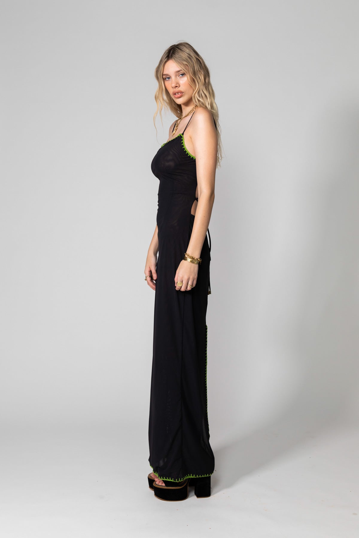 Black Solid Mesh Maxi Dress