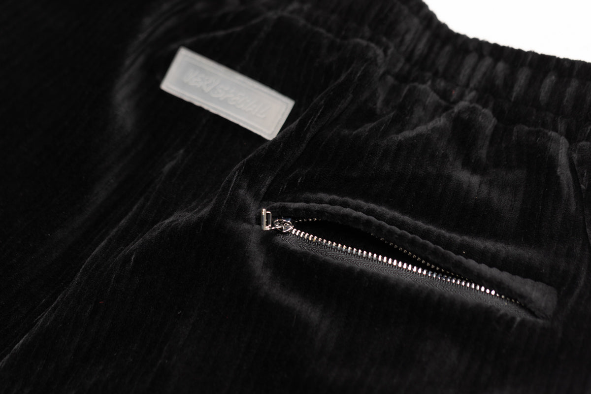 Black Cord Velour "Geo" Wide Leg Track Pants