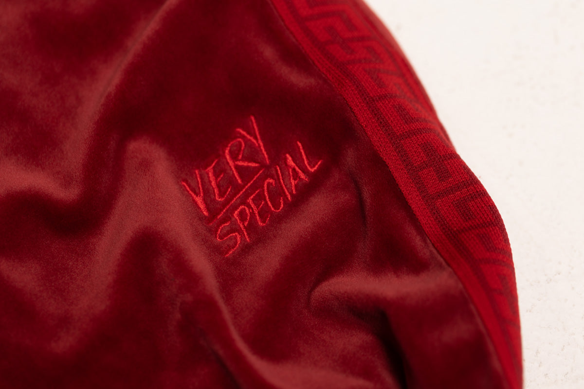 Wine Velour "Geo" Wide Leg Track Pants