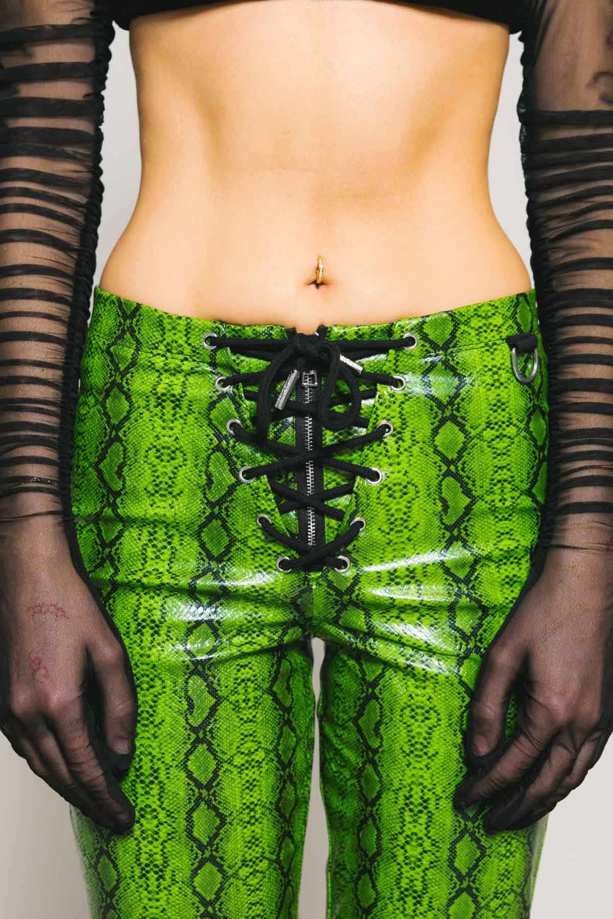 Lace Up Green Snake Skin Pant