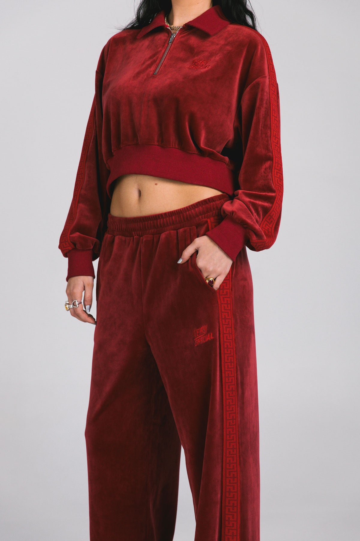 Wine Velour "Geo" Wide Leg Track Pants