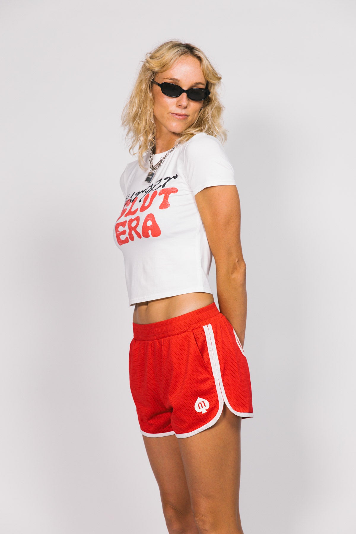 Red Greasy Mesh Scallop Short