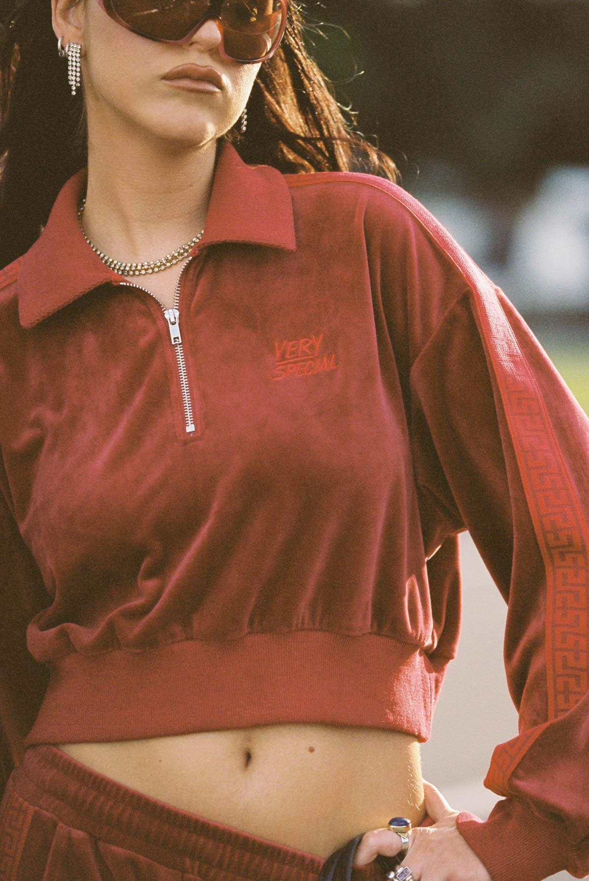 Wine Velour "Geo" Crop Track Jacket