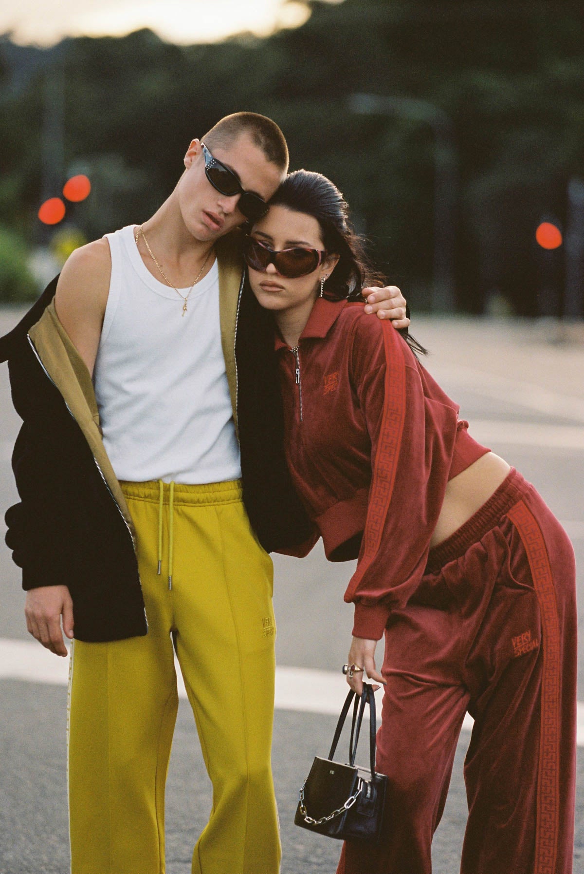 Wine Velour "Geo" Wide Leg Track Pants