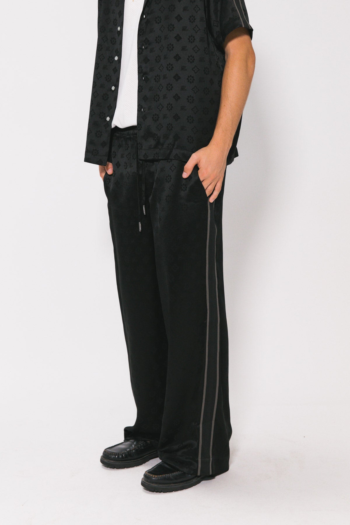 Black "Jacquard" Satin Vacay Pants