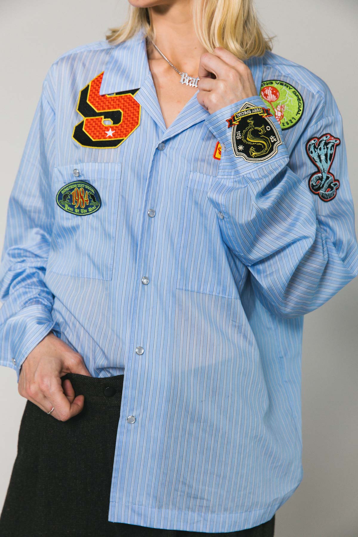 Patched Blue Stripe LS Work Shirt
