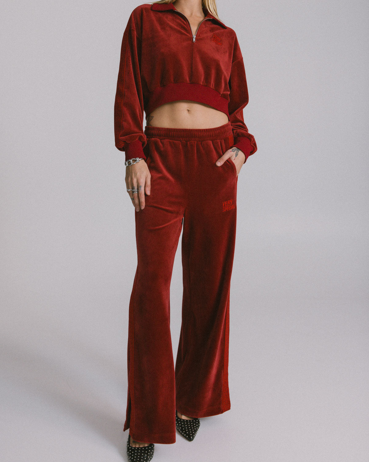 Wine Velour "Geo" Wide Leg Track Pants