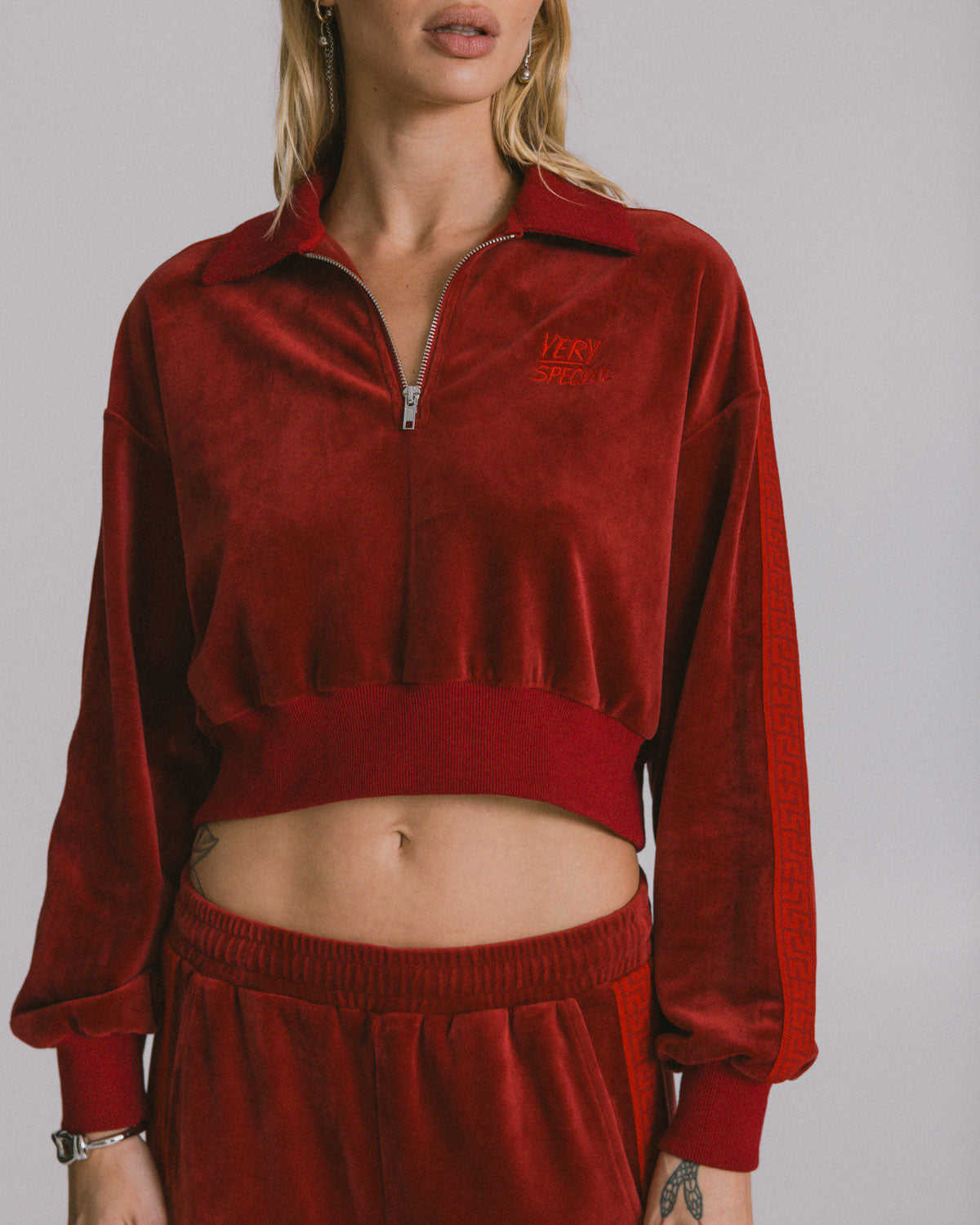 Wine Velour "Geo" Crop Track Jacket