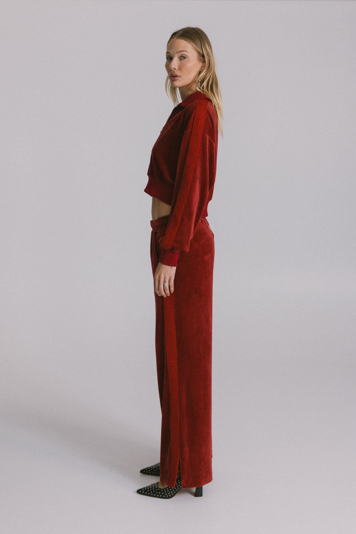 Wine Velour "Geo" Wide Leg Track Pants