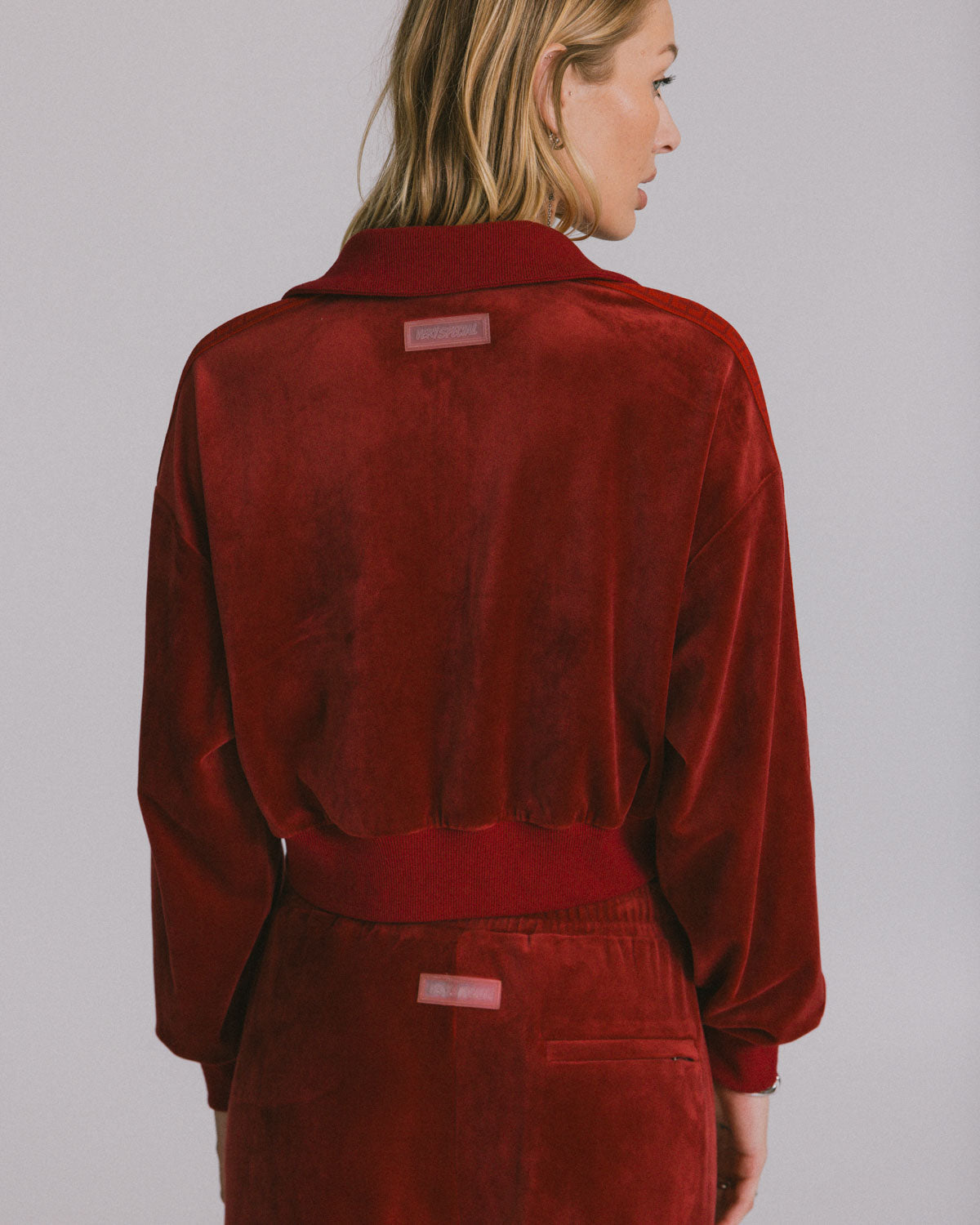 Wine Velour "Geo" Crop Track Jacket