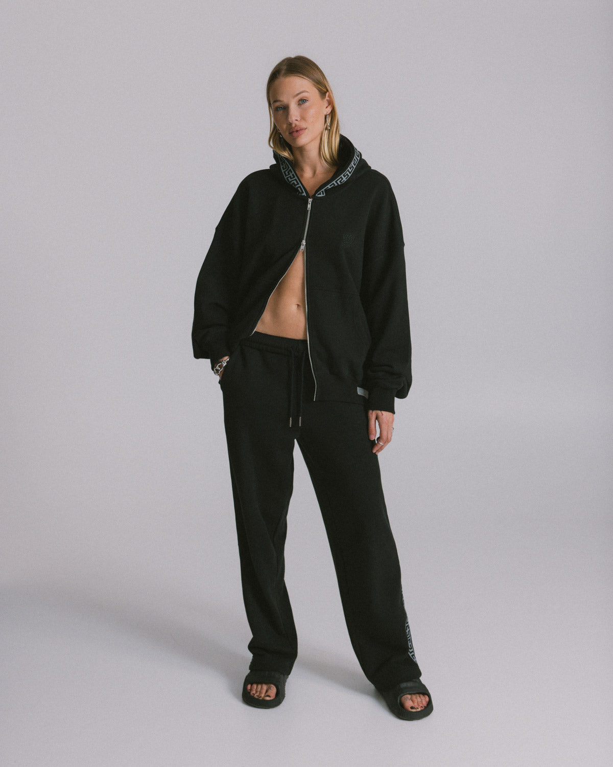 Black "Geo" Fleece Straight Leg Track Pant