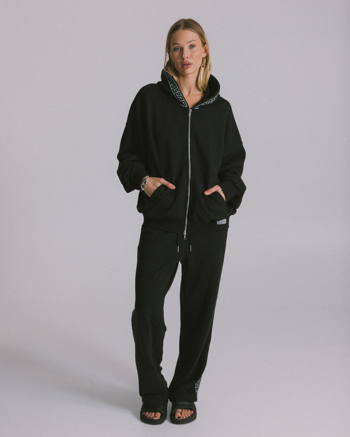 Black "Geo" Fleece Straight Leg Track Pant