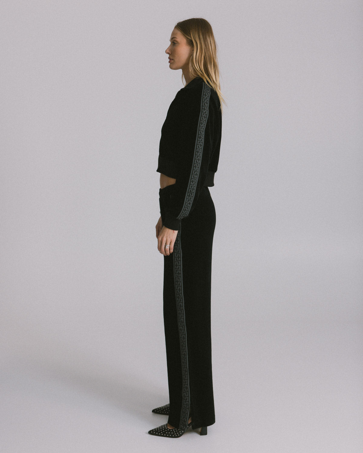 Black Cord Velour "Geo" Wide Leg Track Pants