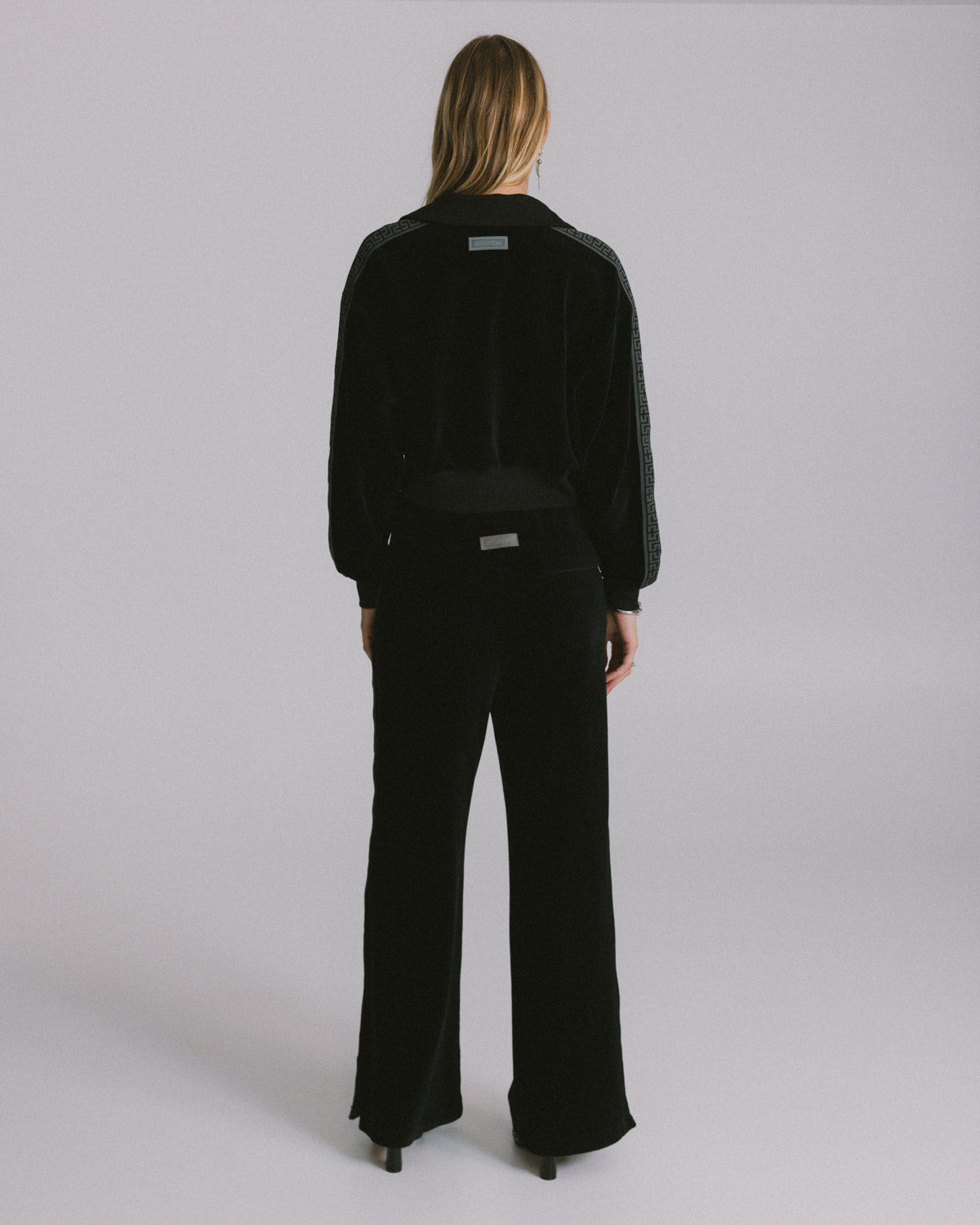 Black Cord Velour "Geo" Wide Leg Track Pants