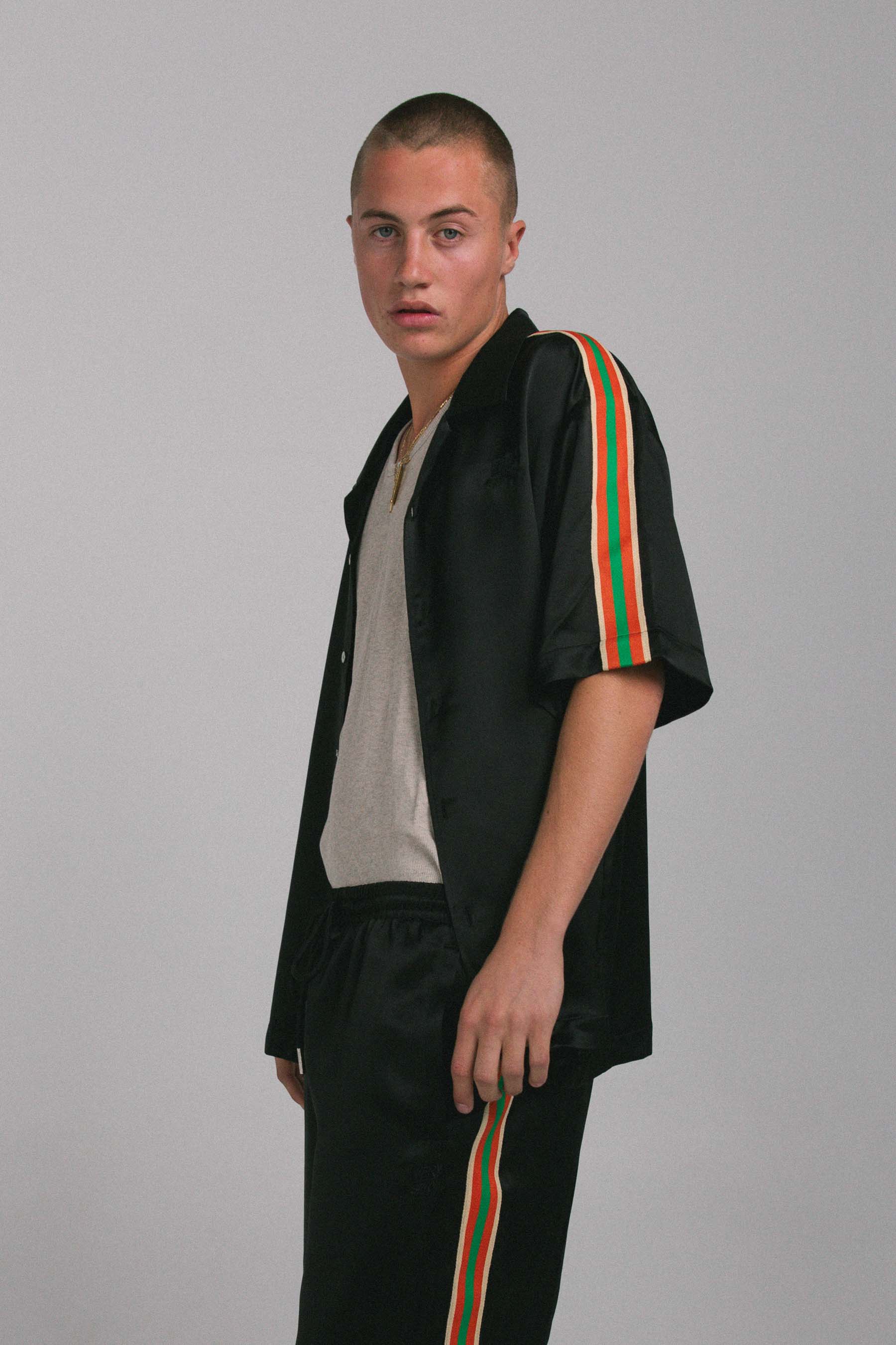 Black "Stripe" Satin Resort Shirt