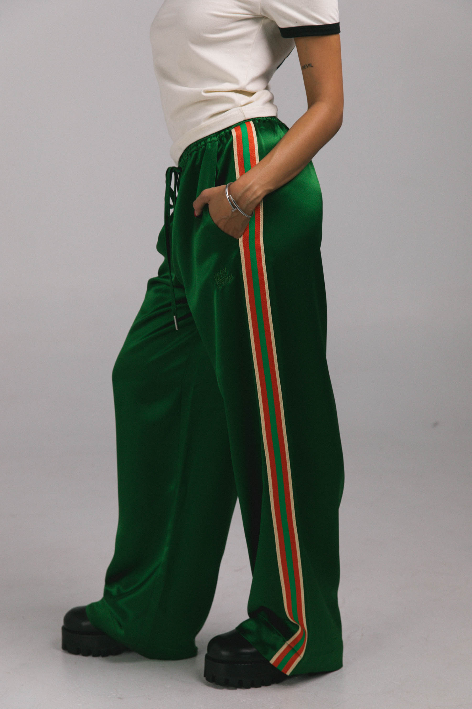 Green "Stripe" Satin Vacay Pants