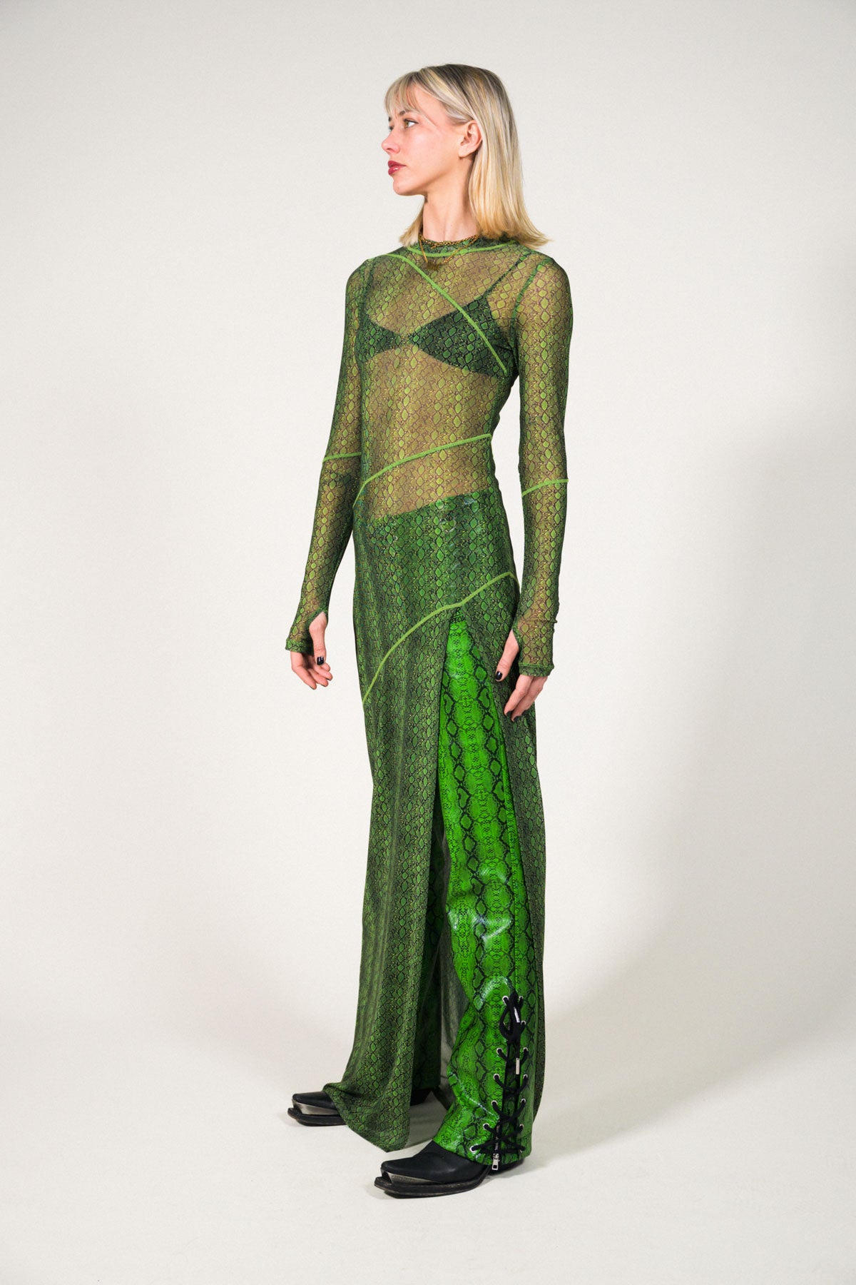Snakeskin LS Mesh Maxi Dress