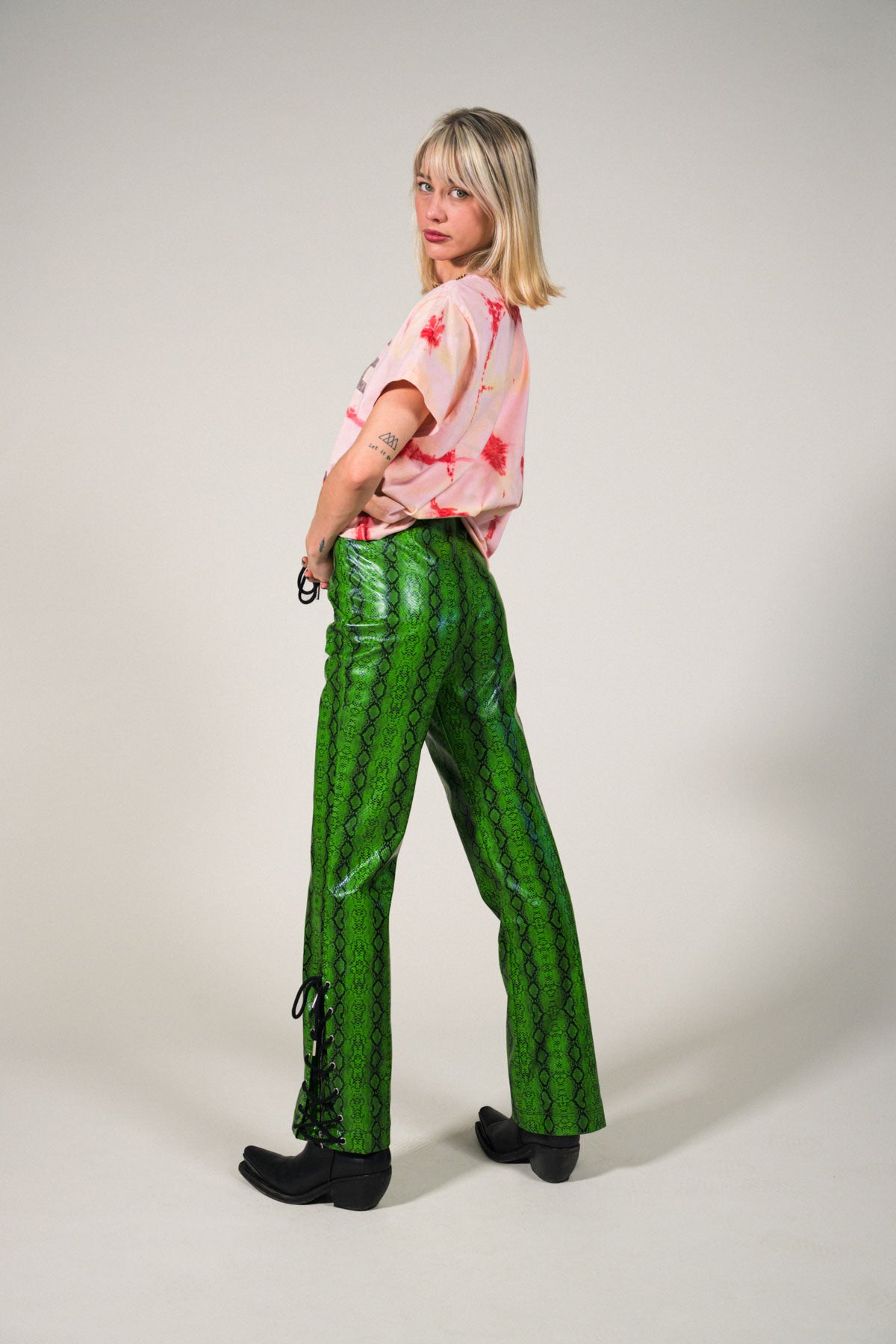 Lace Up Green Snake Skin Pant