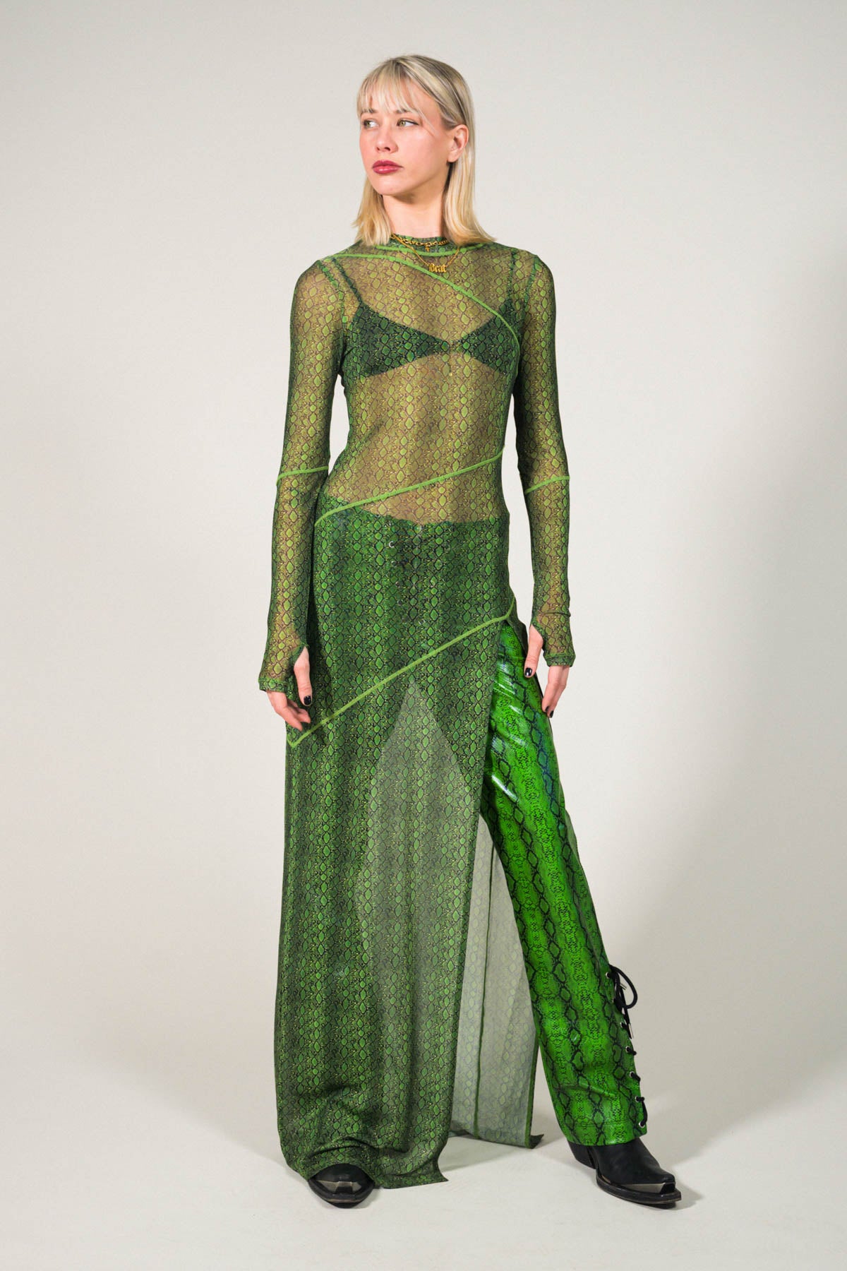 Snakeskin LS Mesh Maxi Dress
