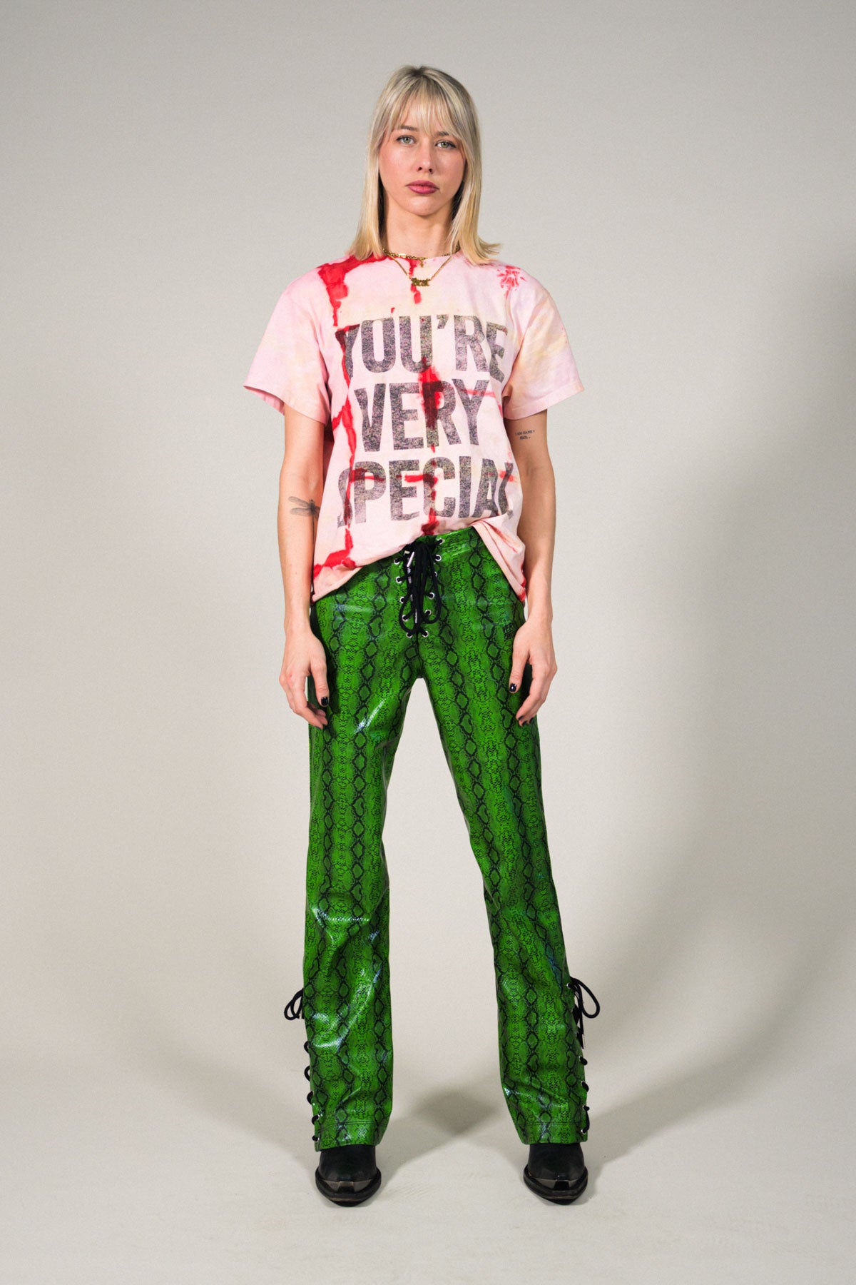 Lace Up Green Snake Skin Pant